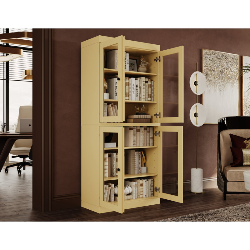 Veera Palace Imports 100% Solid Wood 6-Shelf Bookcase, Clear Glass Doors, Adjustable Shelves, 32" Wide, 71.5" Tall, Yellow