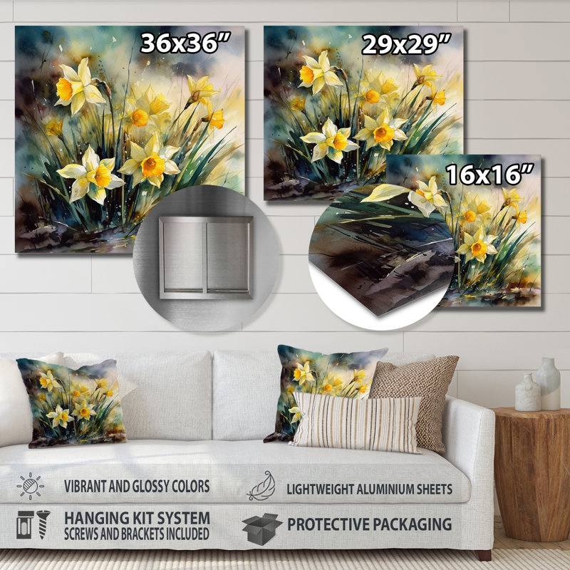 Golden Daffodils Elegance II sur impression métallique, H 36 po x l 36 po x P 1 po