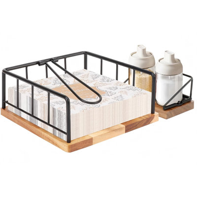 Porte-serviette plat, rangement pour serviette de cuisine en métal avec bras de tension lesté, distributeur de papier de soie pour comptoir, cuisine de table, salle à manger, avec base en bois, ensemble de porte-serviettes