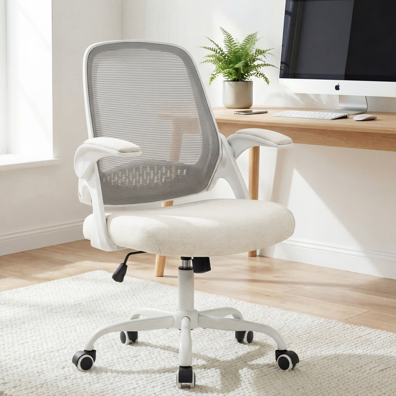 Chaise de bureau ergonomique en filet avec accoudoirs, conception peu encombrante et base en acier, Ivoire ivoire, Acier