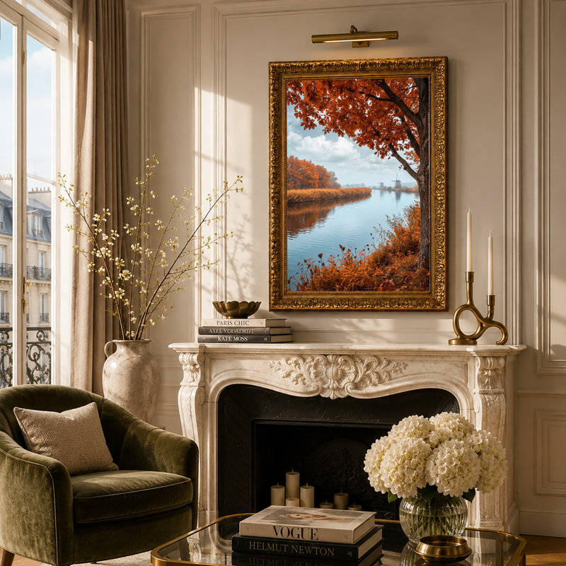 Orange orange, feuilles sur canal avec moulins à vent, art mural, H 30 po x l 20 po