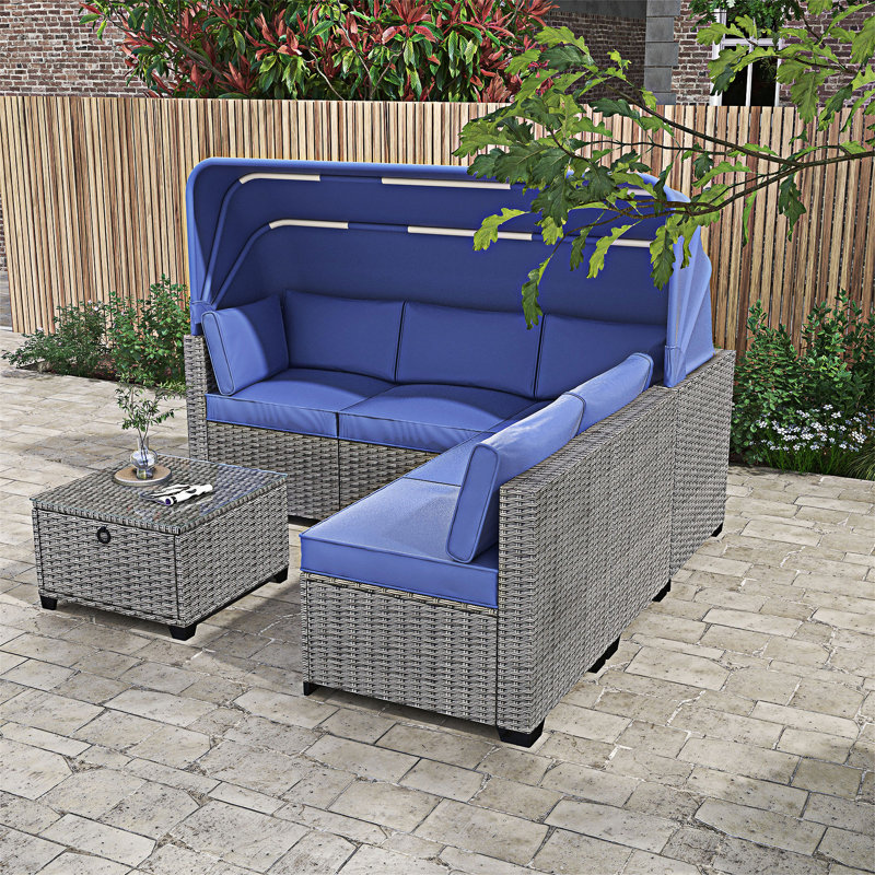 6 Pieces Outdoor Sectional Sofa Set with Adjustable Backrest, Antique Blue Cushion/Grey Frame