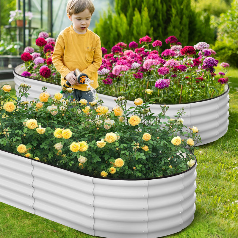 Galvanized Oval Raised Garden Bed with Open Base - Planter Box for Vegetables and Flowers, 3.55" H x 25.6" W x 21.66" D