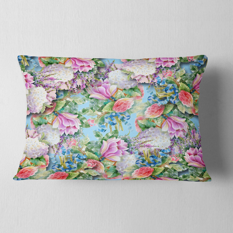 Motif de fleurs roses sur fond bleu - coussin à imprimé floral