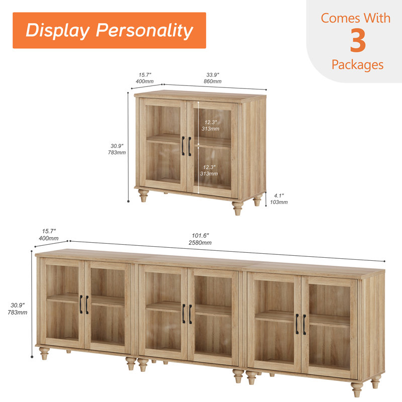 Buffet Scarlett avec 6 portes en verre, armoire avec tablette réglable, Chêne