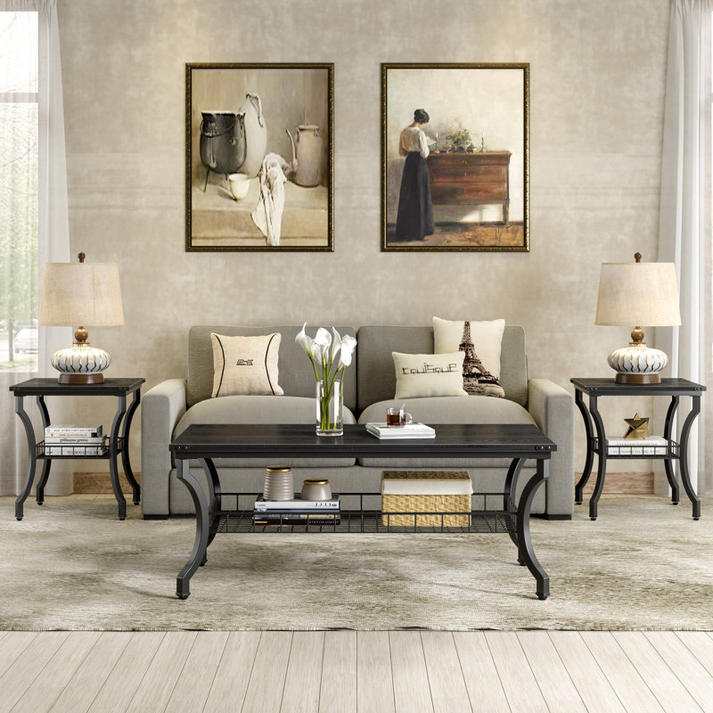 Aliona 3-Piece Black Coffee Table and End Table Set, Modern Industrial Accent Tables with Storage Shelf, Engineered Wood and Metal Living Room Furniture