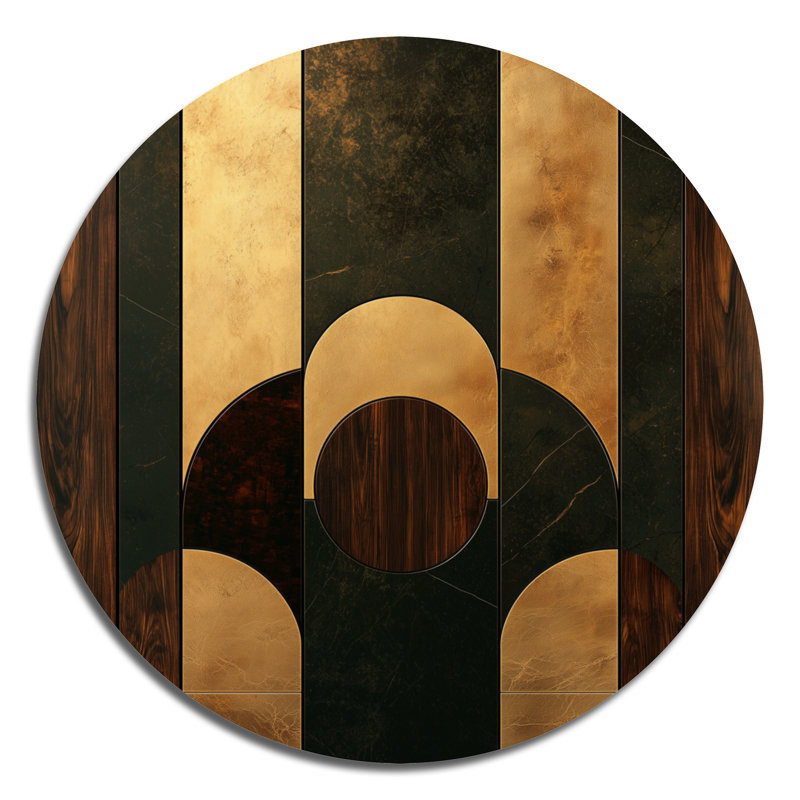 «Geometric Walnut Essential Forms I», art mural rond en métal moderne, impression d'art moderne en métal doré