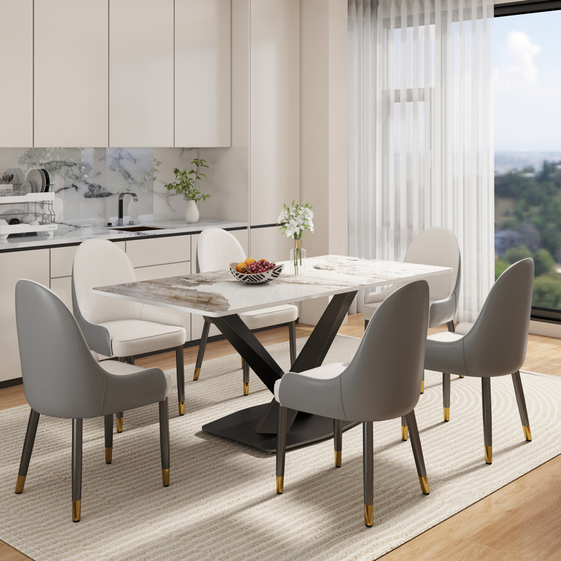 Ensemble de table de salle à manger en pierre frittée pour 6 personnes Zyrell, Marbre blanc, Gris / Blanc