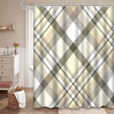 Rideau de douche sans couture à motif tartan et taupe blanc avec 12 crochets