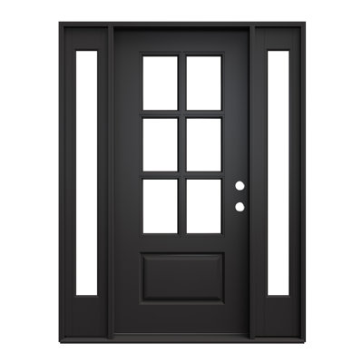 Porte d'entrée extérieure en fibre de verre 36 po x 80 po, peinte en noir, porte prémontée à 6 carreaux en verre clair, double imposte latérale fixe noire, porte à 1 carreau en verre clair avec chambranle, ouverture vers l'intérieur à gauche (quincaillerie non incluse)