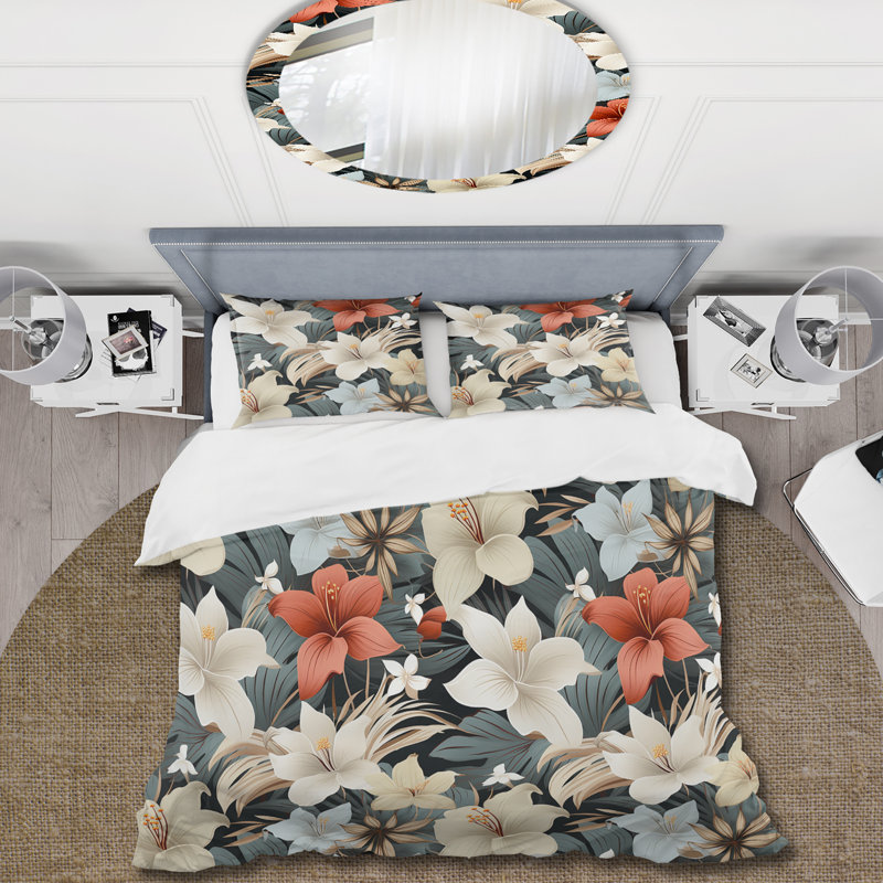 Ensemble de housse de couette monochrome à motif tropical Serenity, Housse de couette pour grand lit et 2 taies décor