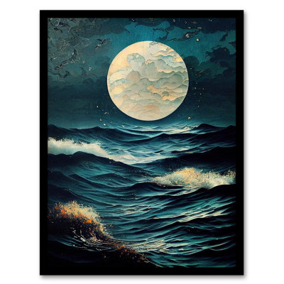 Full Moon Seascape Painting Moonlit Sea Restless Waves 1 Piece Single Picture Frame Wall Art
