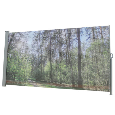 Gray Rectangular Retractable Manual Side Awning Screen, Upf50+ With Printing, Made Of Galvanized Steel And 280g Mesh, Weather , Suitable For Various Constructions 71"x138" Upf50+, Printed Weather-