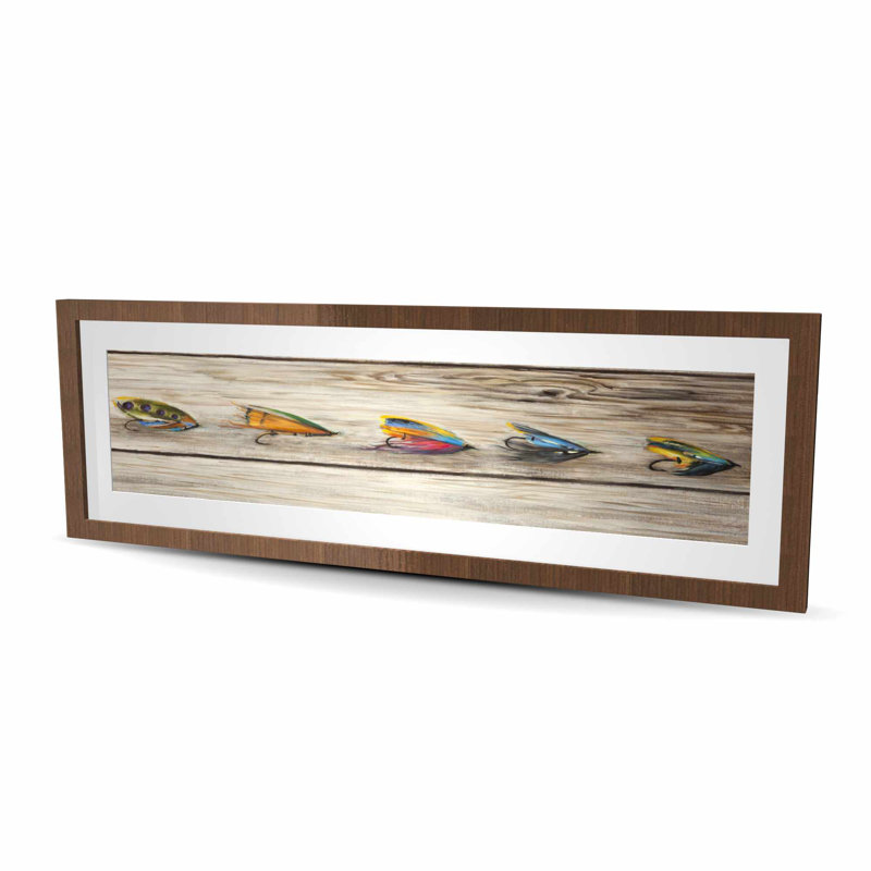 Fishing Flies Vintage Framed Print - Wood Background Decor, 16" H x 48" W, Brown