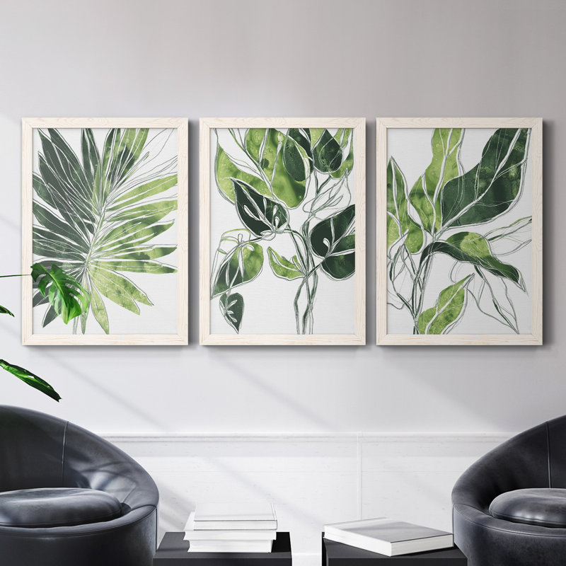 «Expressive Palm I», ensemble de 3 peintures sur toile encadrées, Blanc, H 31,5 po x l 47 po x P 1,5 po