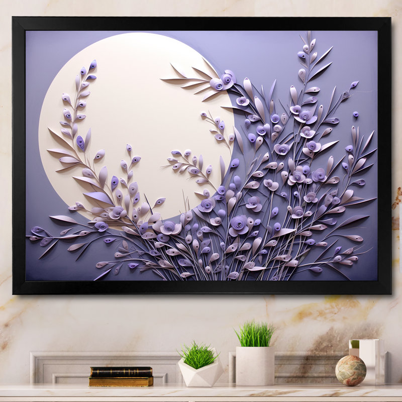 Lavande Luminescence Moon Stilness - Art mural lune, Cadre simple noir, H 24 po x l 32 po x P 1 po