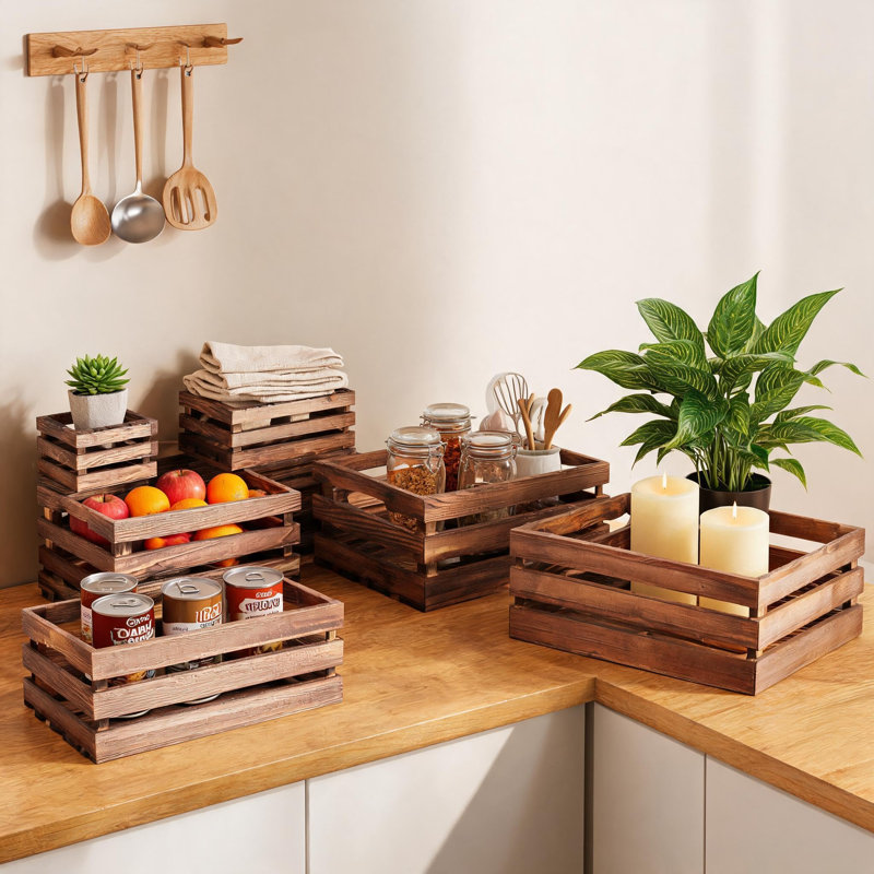 Set of 6 Rustic Wooden Storage Baskets – Stackable Pine Wood Crates with Handles – Farmhouse Style for Home, Garden, or Balcony – Nesting and Display Boxes – Torched Finish