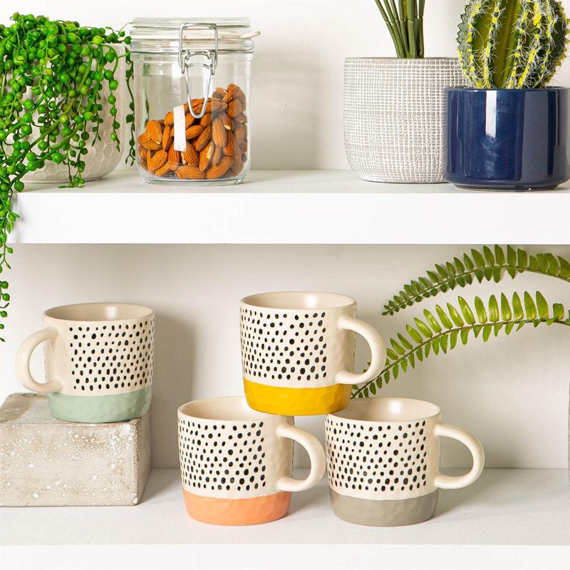 Nicola Spring - Dipped Dotty Stoneware Coffee Mugs - 385ml, Grey