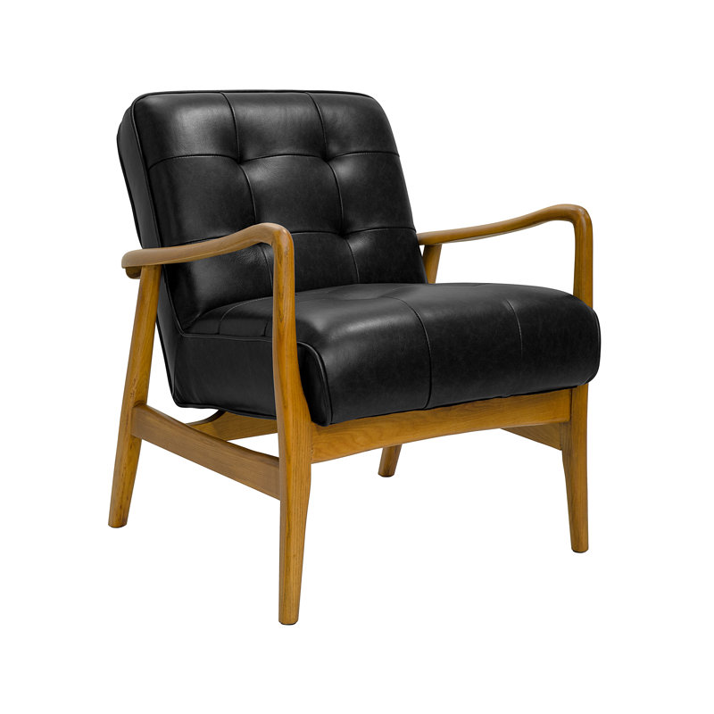 24.8'' W Genuine Leather Tufted Arm Chair With Solid Wood Frame, Black