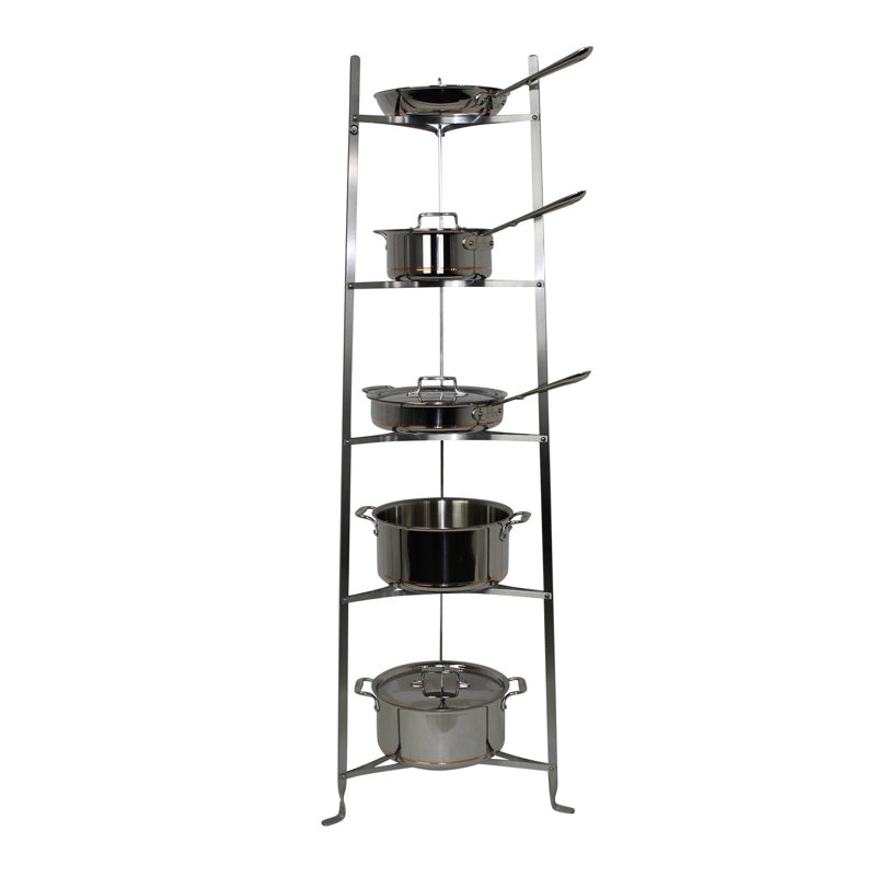 Hammered Steel 5-Tier Cookware Stand with Alder Wood Shelves