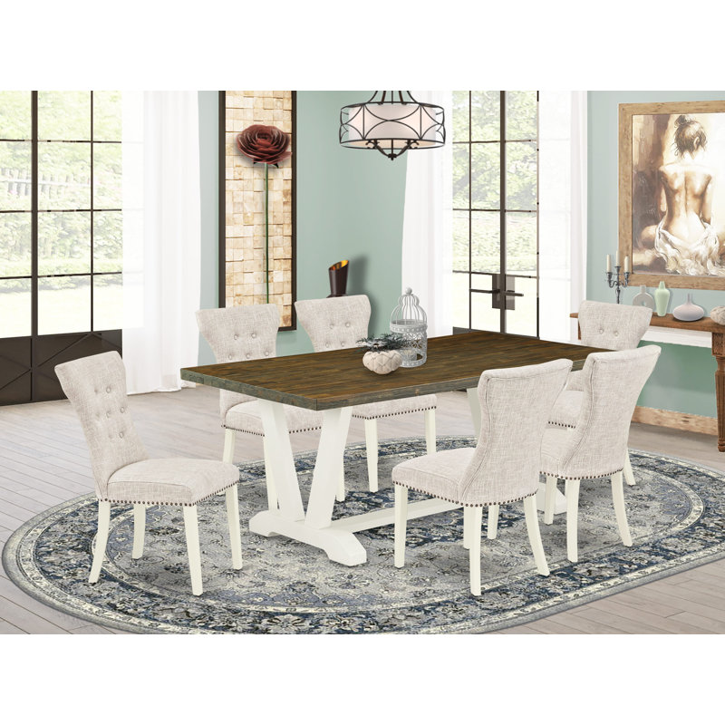 7-Piece Dining Room Table Set Includes a Distressed Jacobean Wooden and 6 Doeskin Linen Fabric Parson Chairs with Button Tufted Back - Wire Brushed Linen White