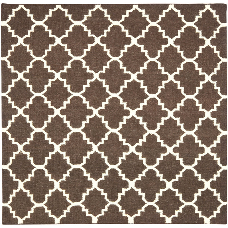 Rodgers Hand Woven Flat Weave Wool/Cotton Geometric Rug in Brown/Ivory