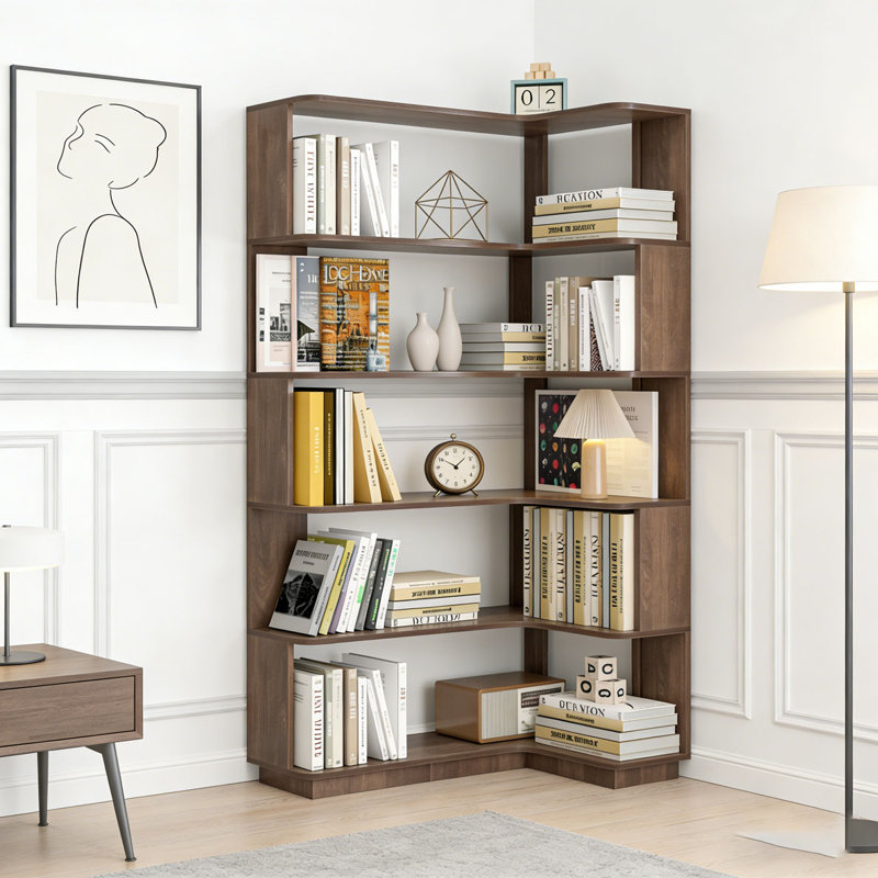 Freestanding Corner Bookshelf, Dark Brown