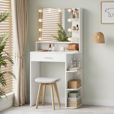 26.4" Small Makeup Vanity Desk with Lighted Mirror, 3 Color Modes, Drawer & 6 Level Storage, White