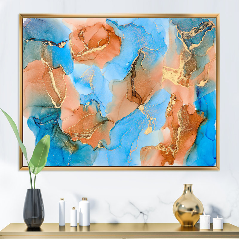 Turquoise et brun, luxe abstrait, fluide VI - peinture sur toile, H 16 po x l 32 po x P 1 po, Cadre flottant doré