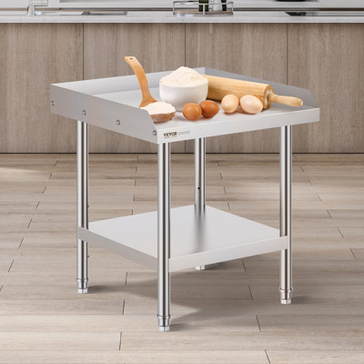 Table de travail en acier inoxydable, 61 x 61 x 66 cm, table de préparation alimentaire professionnelle, table de travail robuste avec dosseret sur 3 côtés, table de travail en métal à hauteur réglable pour restaurant, maison, hôtel