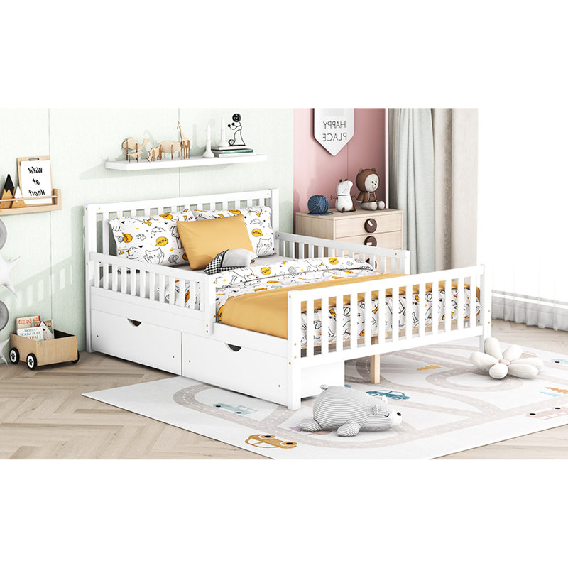 Lit plateforme en bois blanc avec garde-corps et rangement pour les lits doubles, Full, White