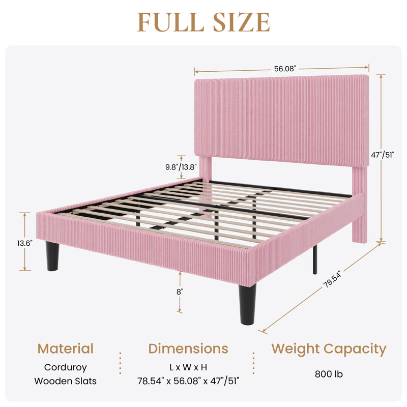 Modern Corduroy Platform Bed With Adjustable Headboard,Maximize Space With Under-Bed Storage,No Box Spring Required, Full