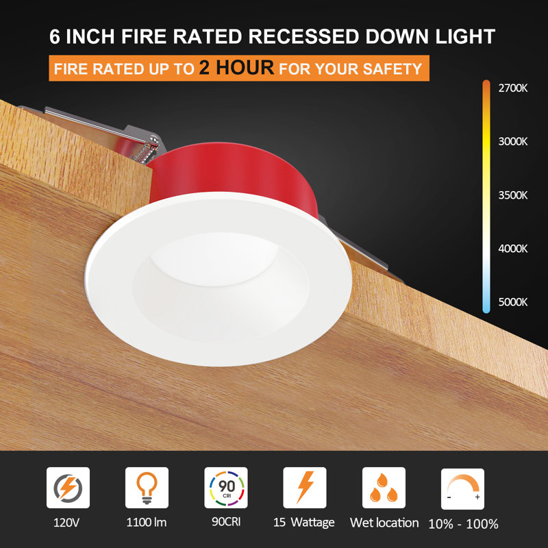 1 luminaire encastré sans feu de 6 po, résistant au feu, 2 heures, 5 CCT, 800 lm, homologué IC, à intensité variable