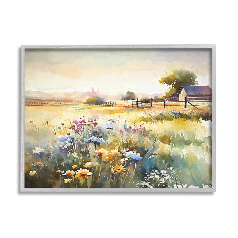 «Wildflower Farm Field» encadré sur bois par Ramona Murdock, Estampe numérique Farmhouse, H 11 po x l 14 po x P 1,5 po