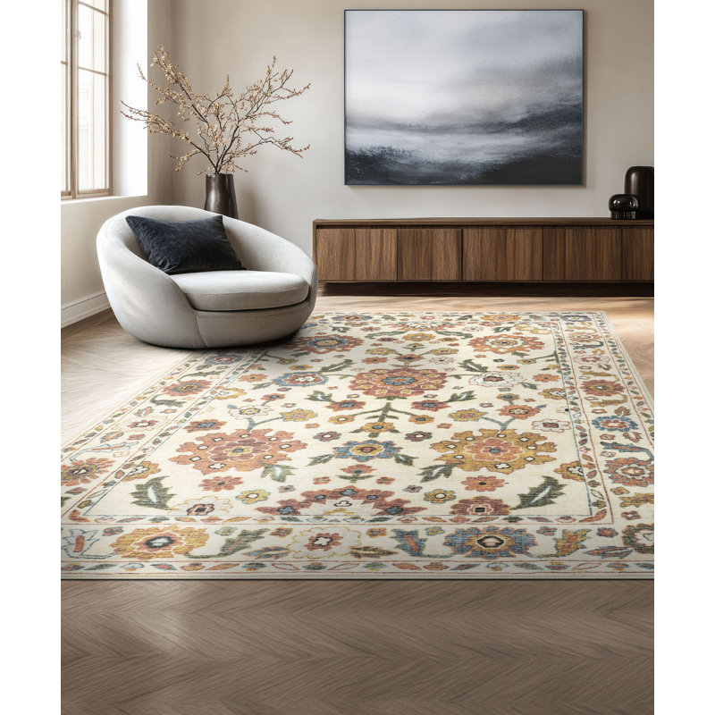 Tapis oriental ivoire et lavable à la machine March 5 pi x 6 pi 11 po, Ivoire ivoire, Rectangle 5 pi x 6 pi 11 po
