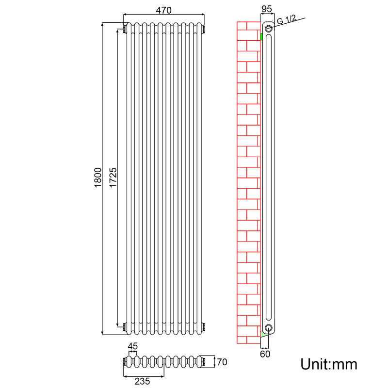 Niven Vertical Designer Radiator, 180cm H x 47cm W x 9cm D