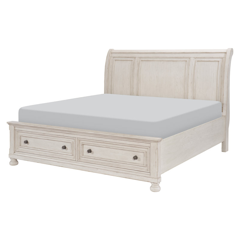 Lit avec rangement Caiden, Blanc brossé au métal, Grand