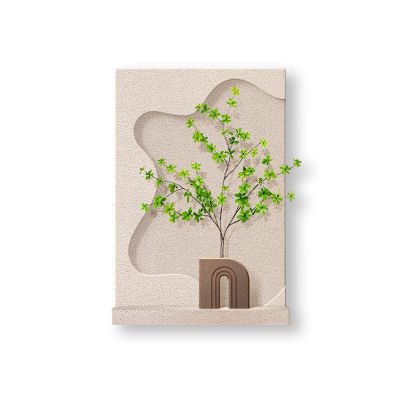 Art mural en grès crème crème irrégulier avec vase en bois arqué et verdure artificielle pour entrée