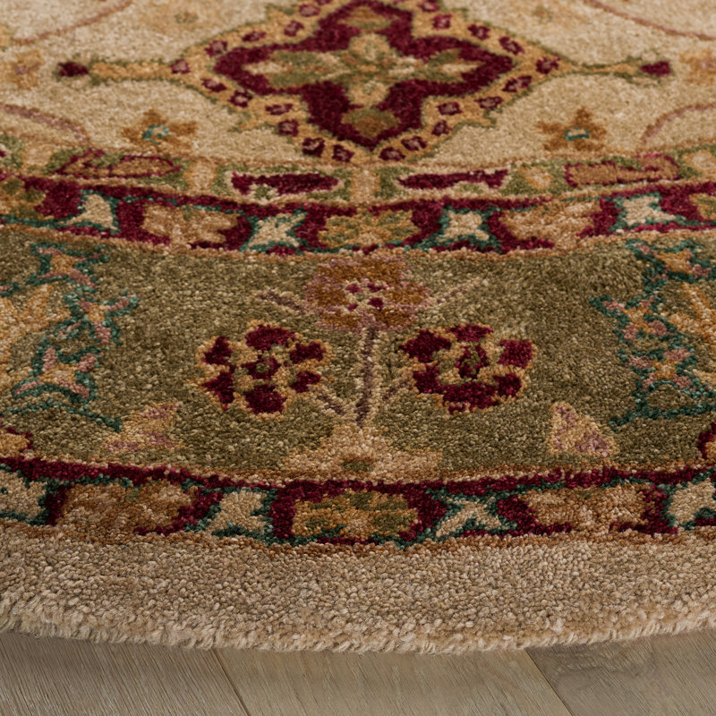 Tapis ivoire / vert en laine touffeté à la main Ladd, Rond 6 pi