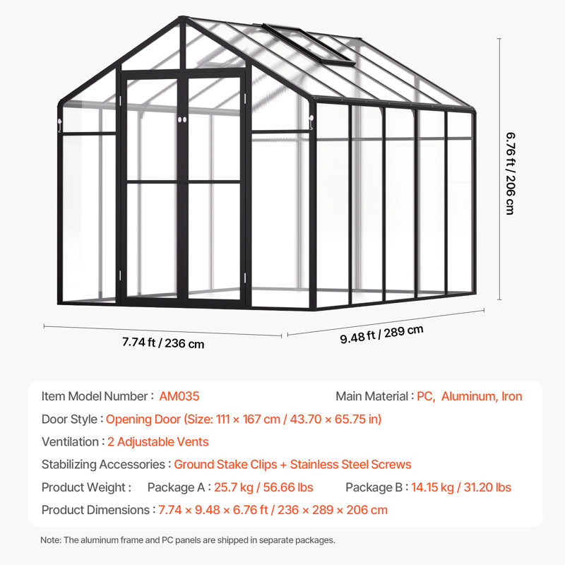 Serre de jardin en polycarbonate pour l'extérieur, H 81,12 po x l 113,76 po x P 92,88 po, Noir, noir, noir, noir