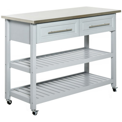 Kitchen Island With Stainless Steel Top, Traditional Kitchen Island With Storage, 2-Tier Open Shelves, Drawers
