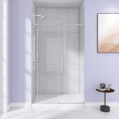 44-48 "W X 76" H Frameless Shower Door , 1/4 "(6 Mm) Clear Tempered Glass, Explosion Proof Film, Stainless Steel Handle, Brushed Nickel