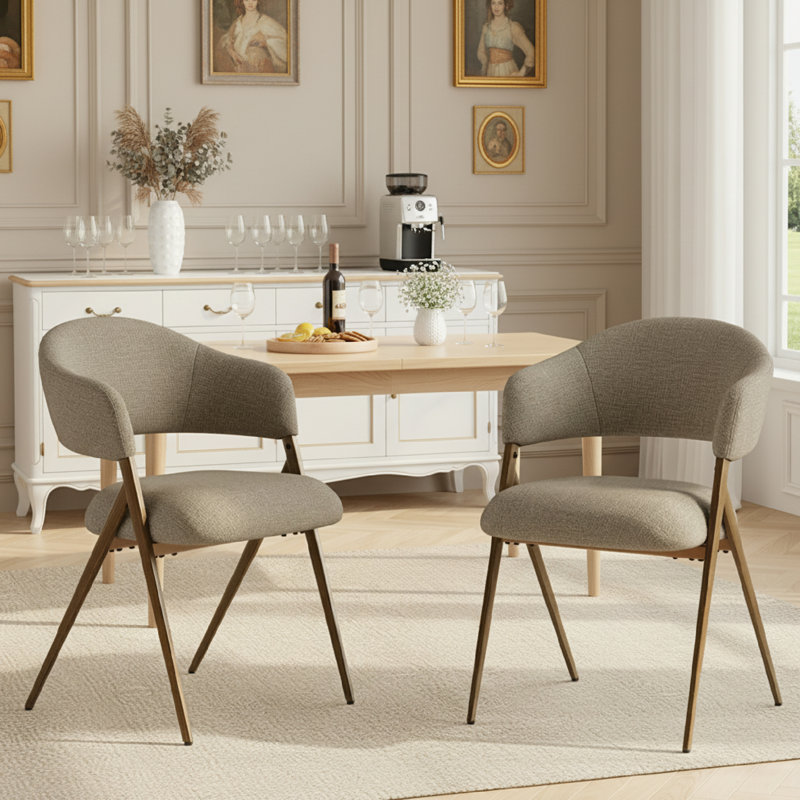 4" Thick Cushion Upholstered Dining ArmChair with Wood-Look Metal Leg, Taupe