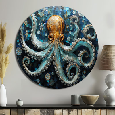 Portrait Of Blue Mystical Octopus Painting - Animals Round Metal Art
