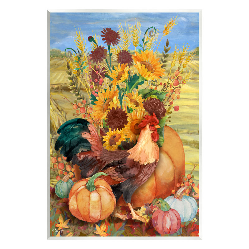 Ba-839-Coq automnal en bois et tournesols sur toile par Paul Brent, peinture, H 19 po x l 13 po x P 0,5 po