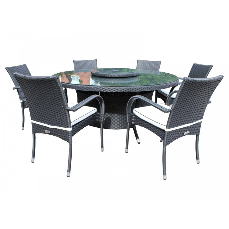 Kiska 6 - Person Patio Dining Set with Round Table , Cushions Included, Black/Vanilla