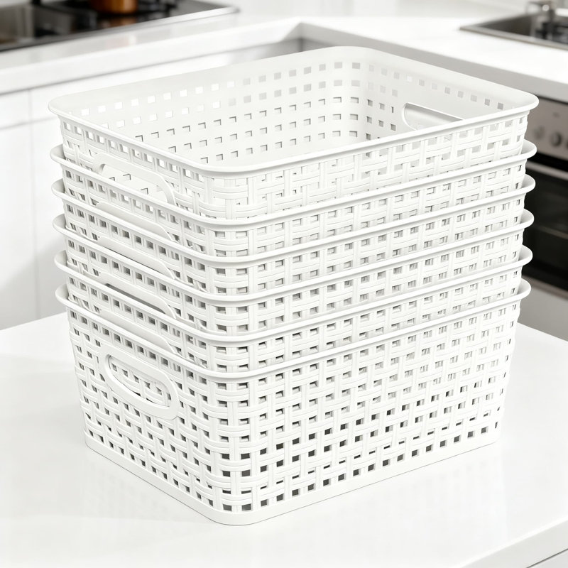 Plastic Woven Storage Baskets With Handles, Multipurpose Organizer Bins For Home And Office, Durable And Easy To Clean, Set Of 6