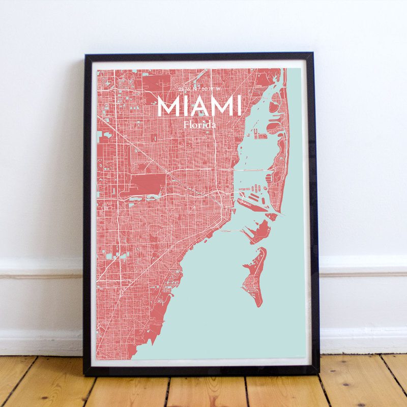 Miami City Map - impression d'art graphique, H 17 po x l 11 po x P 0,05 po