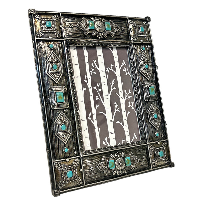 Polyresin Rustic Faux Wood and Concho with Turquoise Dot Beads 6” x 4” Photo Picture Frame