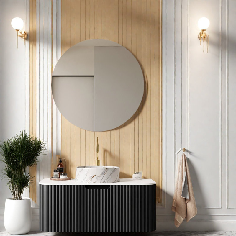 Meuble-lavabo flottant moderne avec lavabo et rangement en céramique, finition blanche et noire